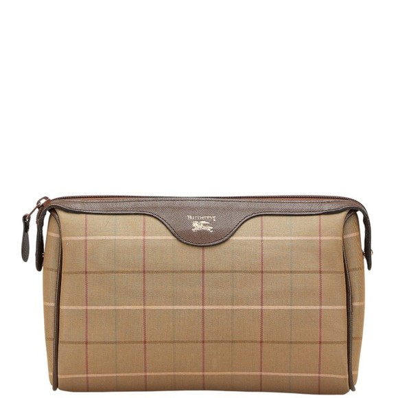 Burberry Check Second Bag Pouch Khaki Brown Canvas Leather Women's BURBERRY - Picture 1 of 10